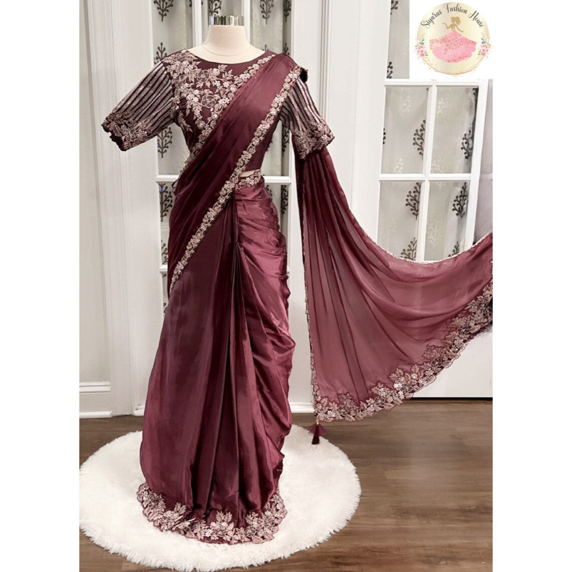 Plum Purple Silk Crepe Saree with Enchanting Embroidery Trendy Ready to wear Pre pleated saree