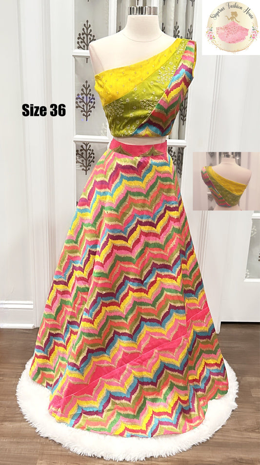 Pure raw silk One Shoulder Lehenga choli for women with Multicolor work Unique blouse for Smart Classy Look wedding reception grand Partywear USA