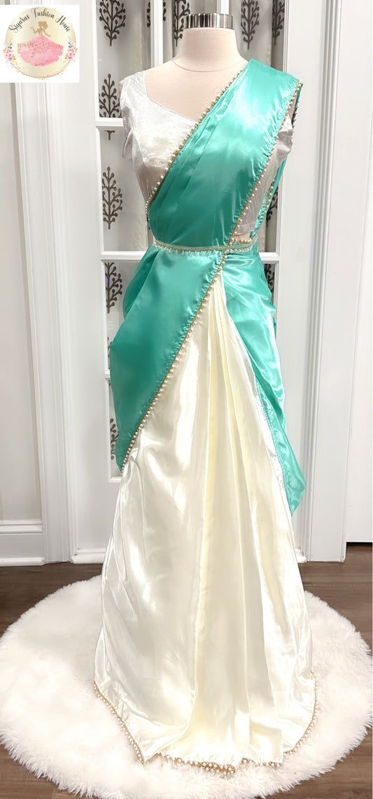 Heavy Satin Silk Saree in Mint and Ivory hues  with Moti lace border and metallic Blouse fully stitched standard size