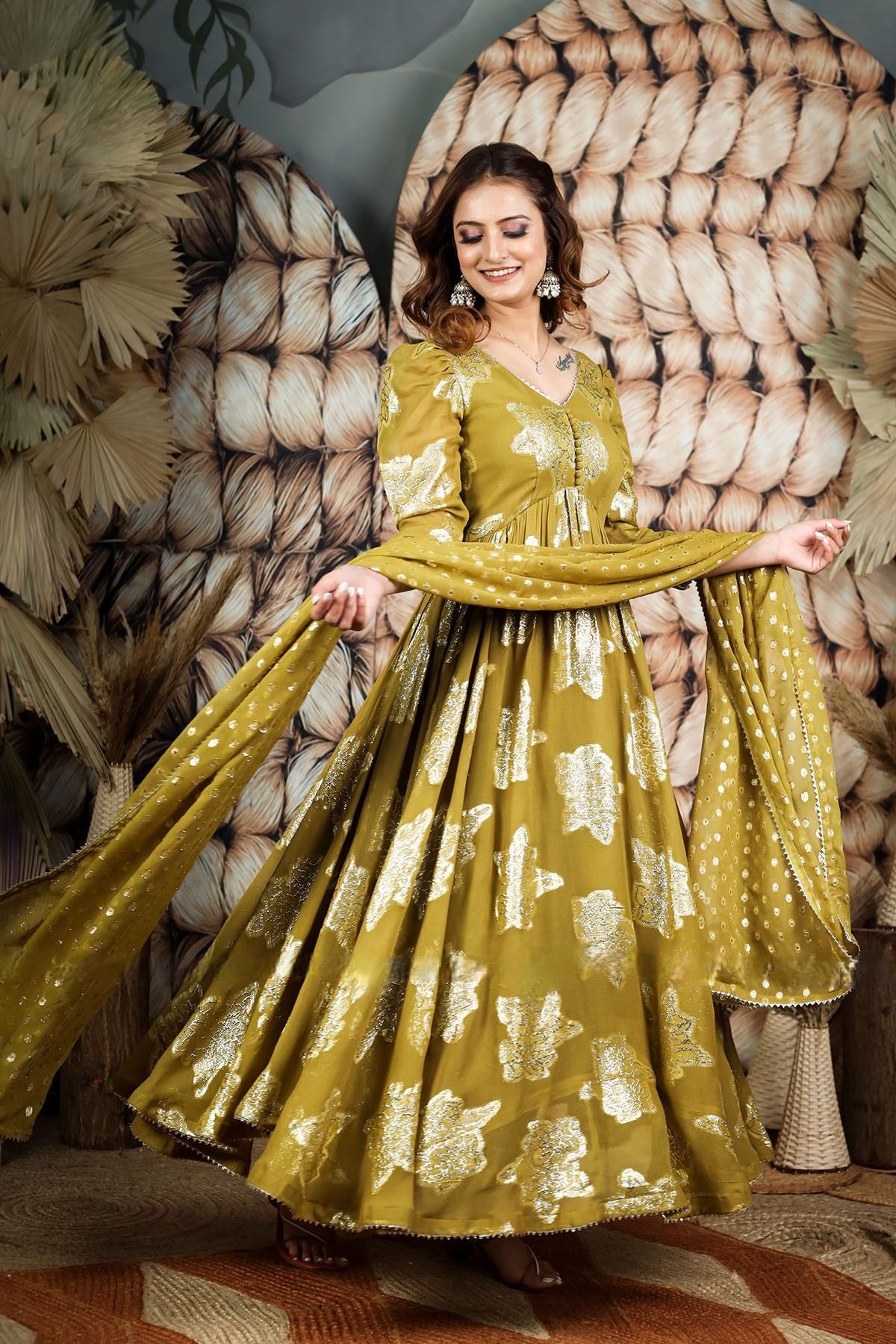 Beautiful Anarkali Jacquard Georgette fabric Olive Suite set Broad V neckline and flared skirt with Georgette Dupatta ships from  NC USA