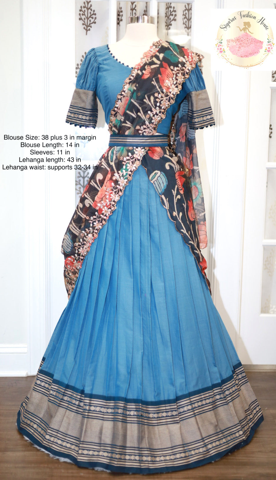 Traditional Celestial blue Narayanpet cotton teens half saree/langa voni with hip belt same fabric