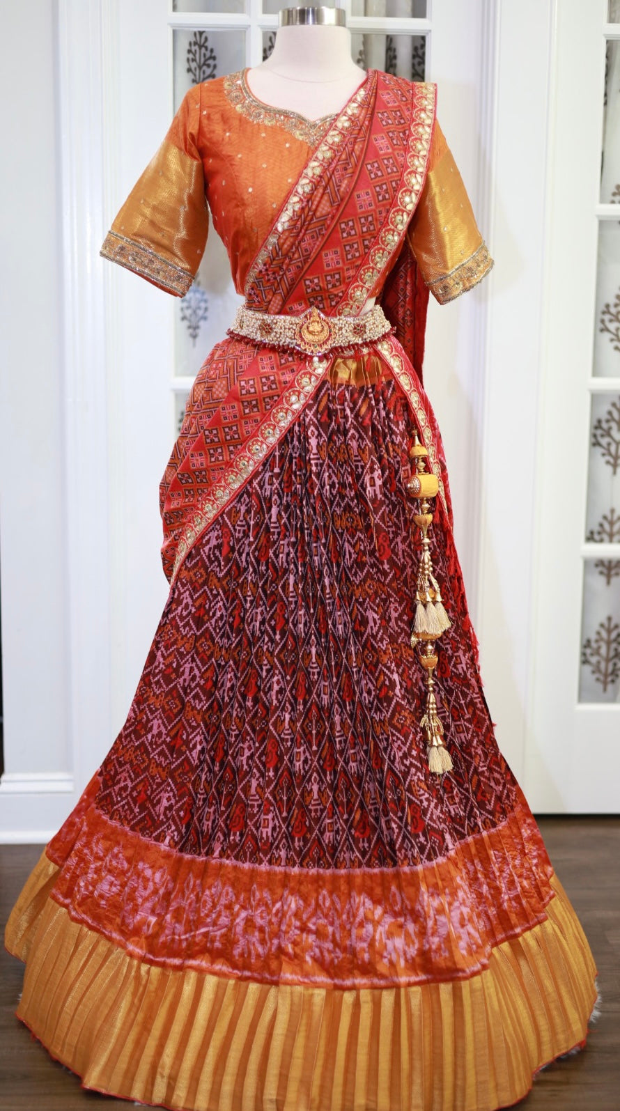 Pure Silk Ikkat Patola Half Saree  with Maggam work blouse for  Grand Wedding Wear or Half Saree function, Gift Half Saree