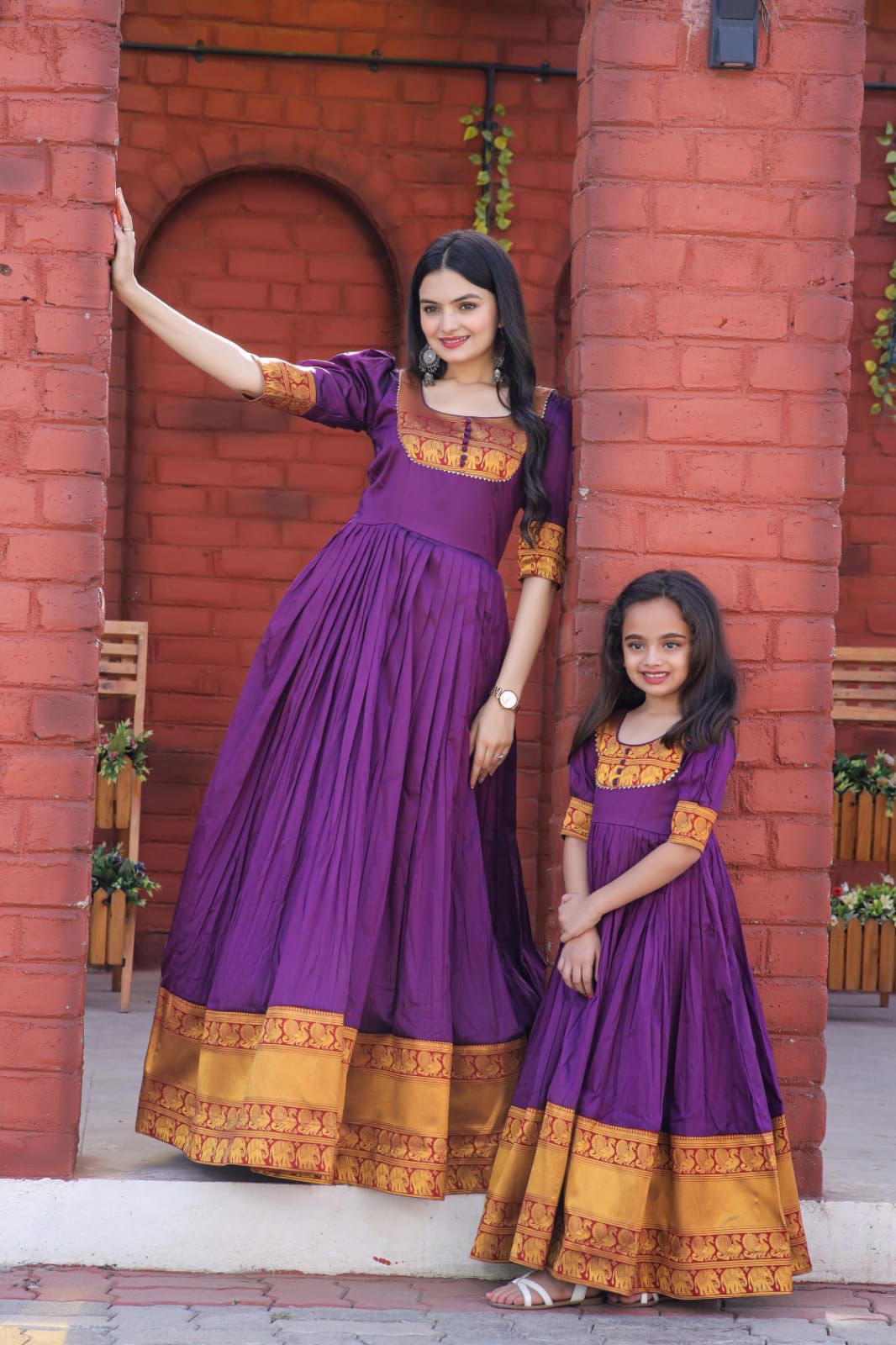 Silk traditional Long gown in marroom and purple color for Mom n Daughter combo