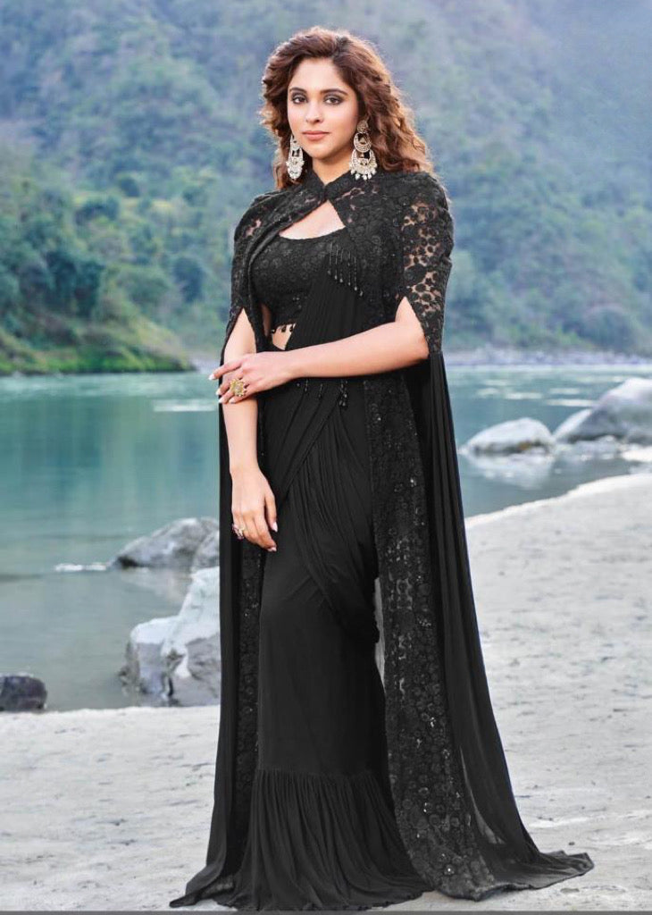Indowestern Style Cocktail Ready to wear Saree with stylish Cape and embroidery blouse