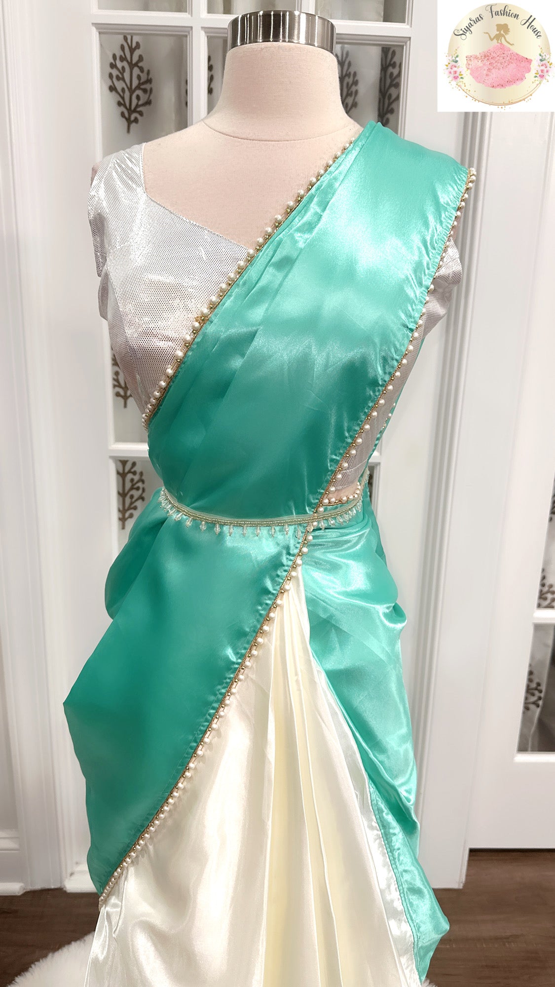 Heavy Satin Silk Saree in Mint and Ivory hues  with Moti lace border and metallic Blouse fully stitched standard size