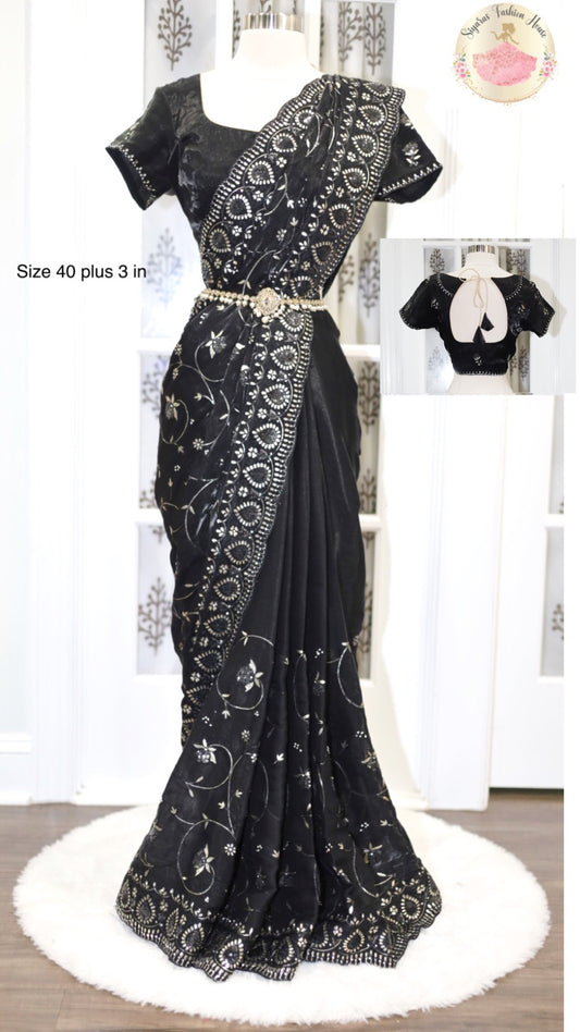 Dazzling Black color   Partywear Saree with Pitta work with trendy blouse in premium organza fabrics  Ready to ship from USA