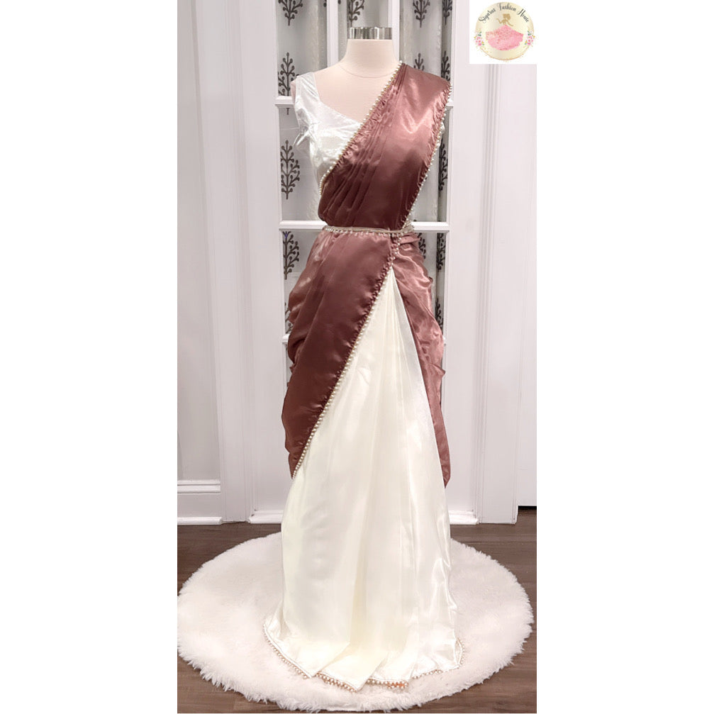 Heavy Satin Silk Saree in dark chestnut and Ivory hues  with Moti lace border and metallic Blouse fully stitched standard size