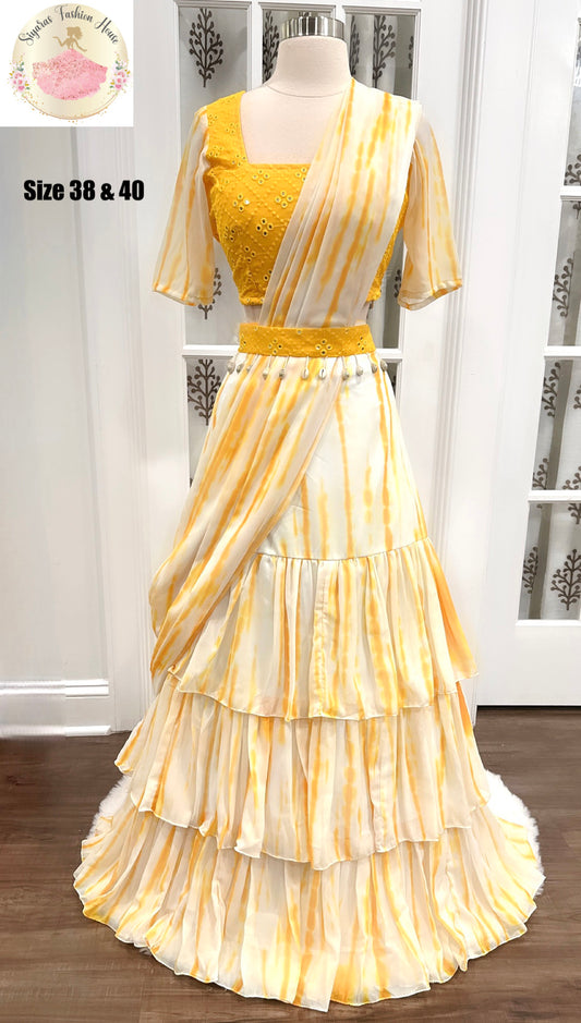 Chic and Trendy Elegant Ruffle saree Ready to wear in yellow color for Partywear/wedding function.