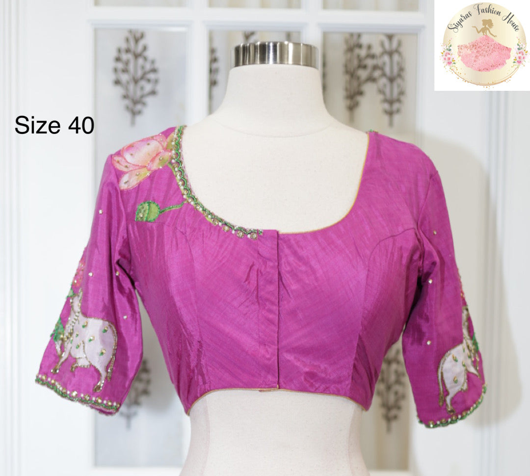 Embrace the Richness of Indian Heritage with a Pichwai Aari Work Blouse in Mulberry shade HandMade Maggam/Aari work Blouse fully stitched