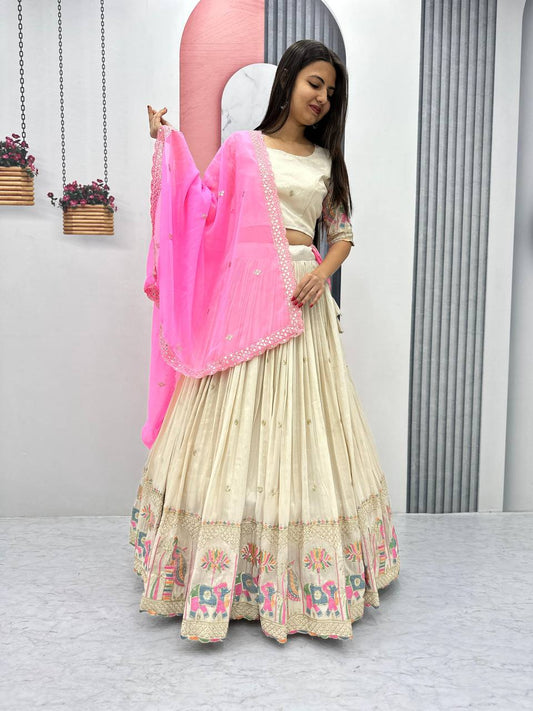 Elegant Off White Banarasi Tissue Silk Wedding Lehenga Choli – Heavy Embroidery & Sequin Work – Size M 38 , chaniya choli, ready to ship usa