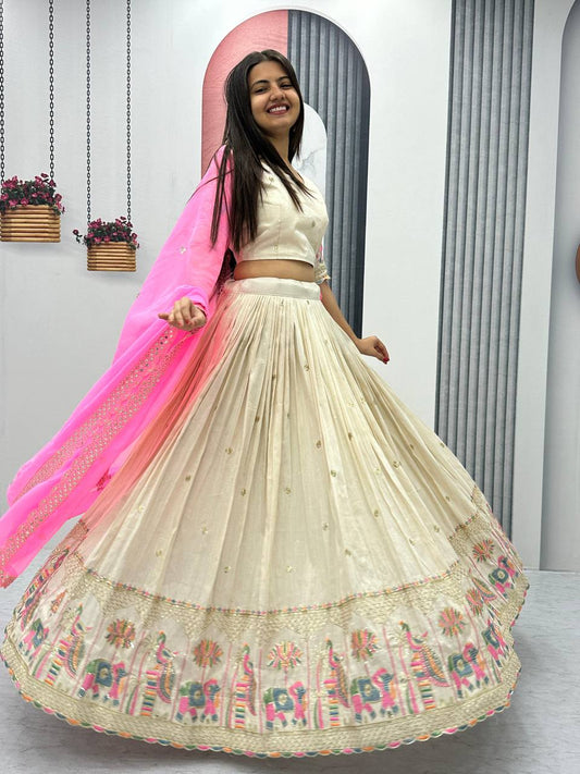 Elegant Off White Banarasi Tissue Silk Wedding Lehenga Choli – Heavy Embroidery & Sequin Work – Size M 38 , chaniya choli, ready to ship usa