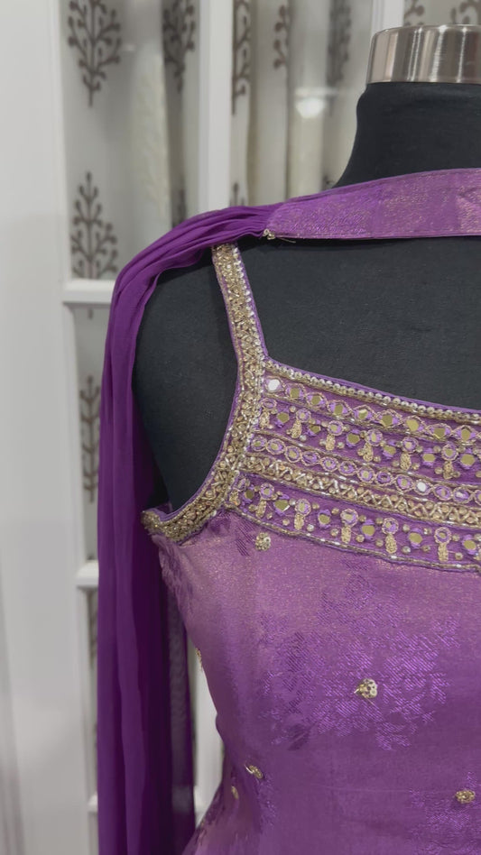 PURPLE BANARAS TISSUE SEQUINS, ZARI, MIRROR, STONE AND BEADS WORK PALAZZO SALWAR SUIT.Available in size 40