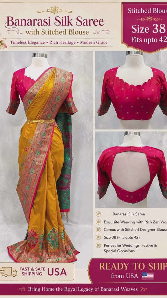 Draped in the timeless beauty of Banarasi silk! 💛❤️ This stunning saree comes with a beautifully stitched designer blouse, featuring exquisite zari detailing and a gorgeous open-back design. 👑✨
📏 Size 38 — fits up to 42
