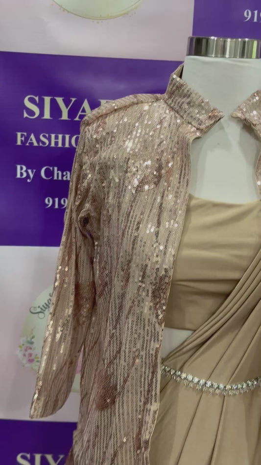 Beautiful gold color ready to wear / One minute saree with the sequin jacket. Available size is 38