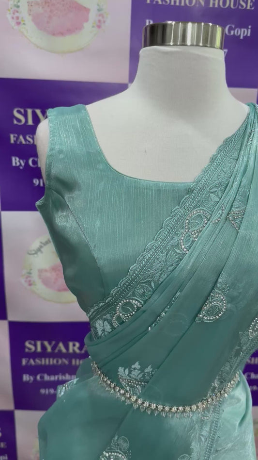 Beautiful sky blue chiffon saree perfect for partywear. Available in size 38 and can be extended upto 42