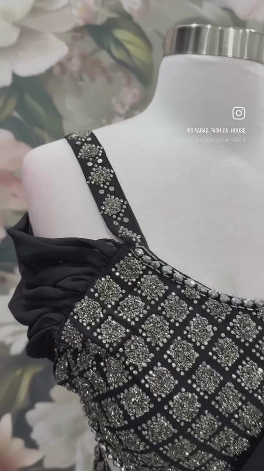 Beautiful Black Drape Style Ready to wear saree with handwork stylish Blouse. Size 40/42.