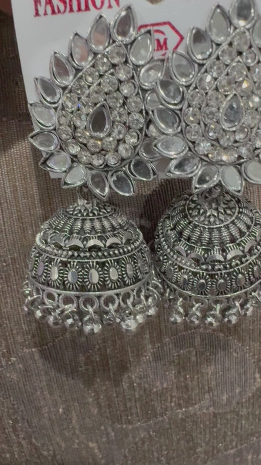 Cute metallic grey finish mirror work earrings one size