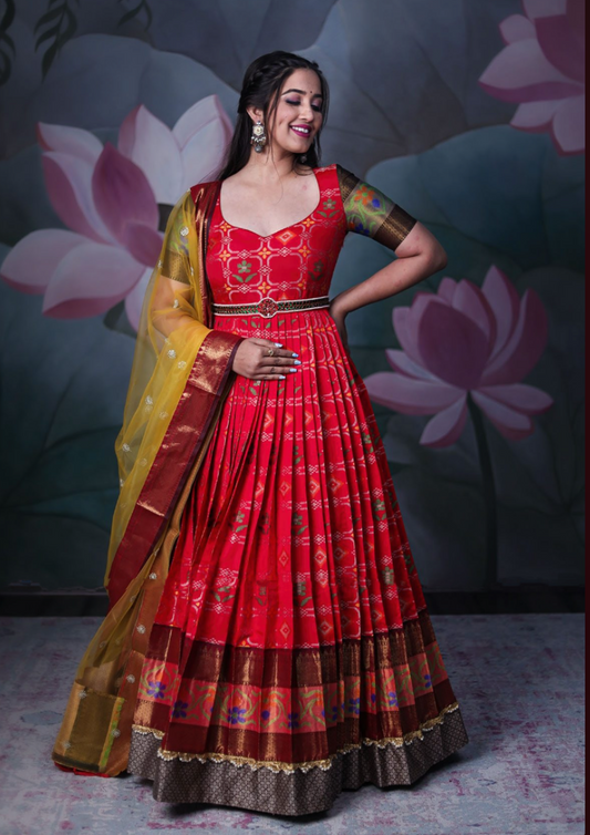 Red Handloom Banarasi  Long Gown/Pattu Dress with Embroidered Yellow Net Dupatta and Maggam Worked Waist Belt Partywear dress Free Ship USA