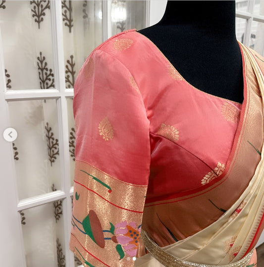 Elegant single Muniya Lotus Paithani Saree with all-over Mina Butta, contrasting blouse, and luxurious lotus pallu