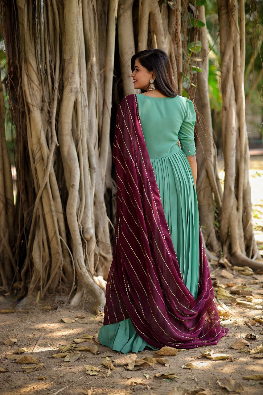 Fleur Georgette long Dress/gown with wine Dupatta