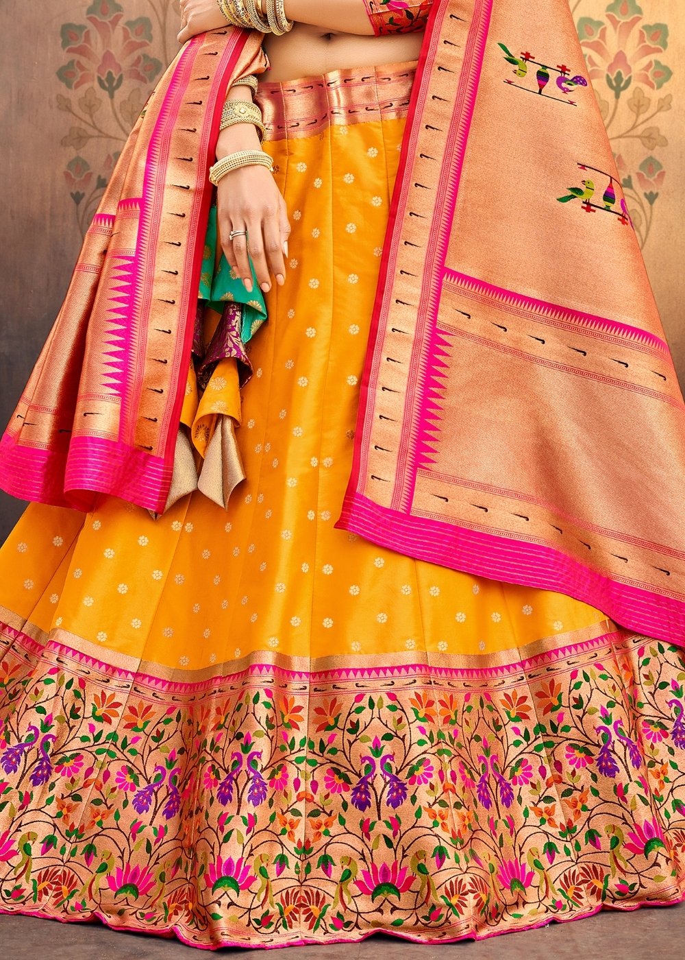 Pure Yellow and Pink Banarasi brocade Silk Lehanga Choli