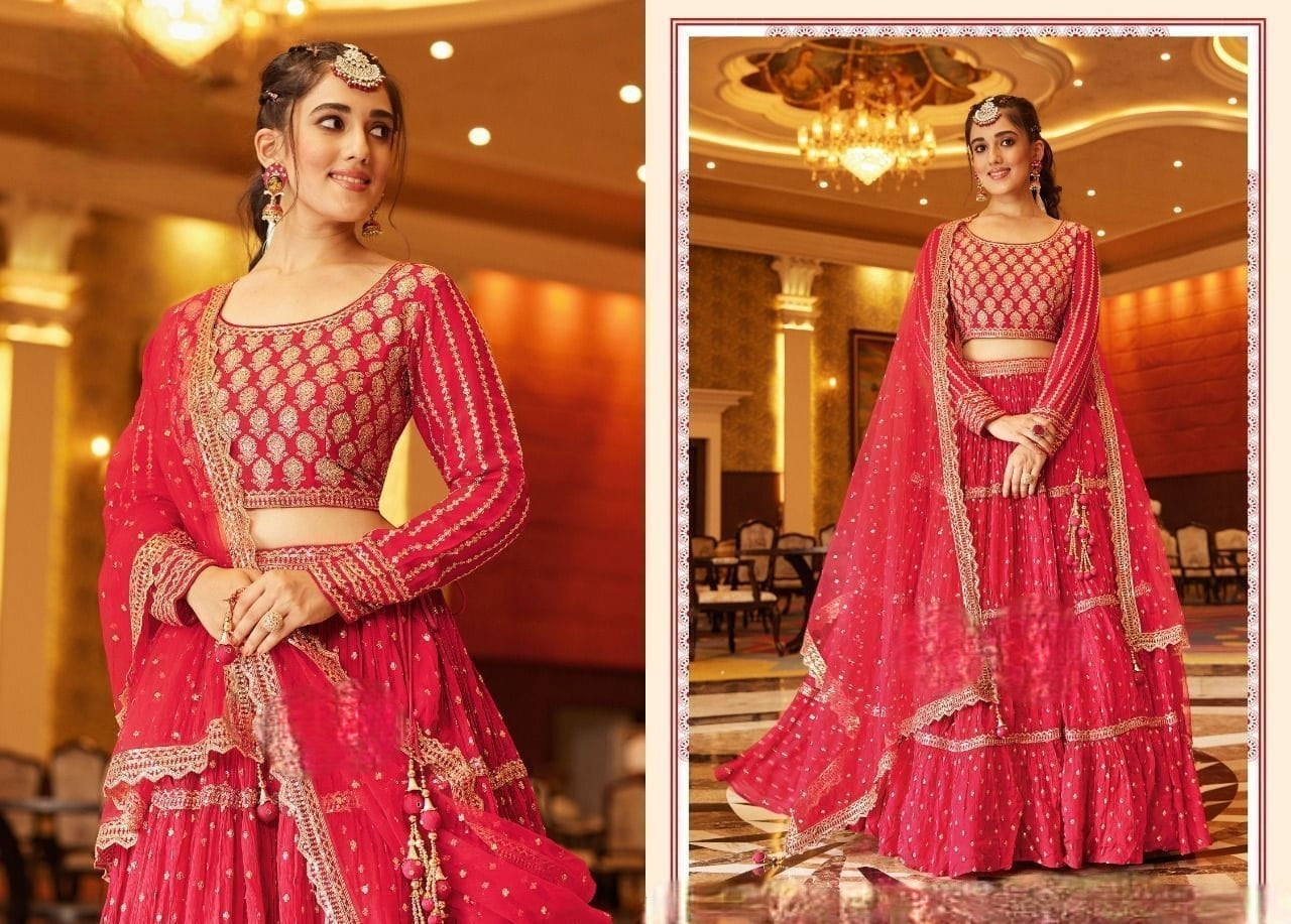 Beautiful Wedding Lehenga Set in Georgette Fabric with Banarasi Design in Bright Red coloration