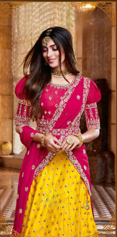 Traditional Silk Half saree with Embroidery, mirror and stone work and comes with matching work hip belt