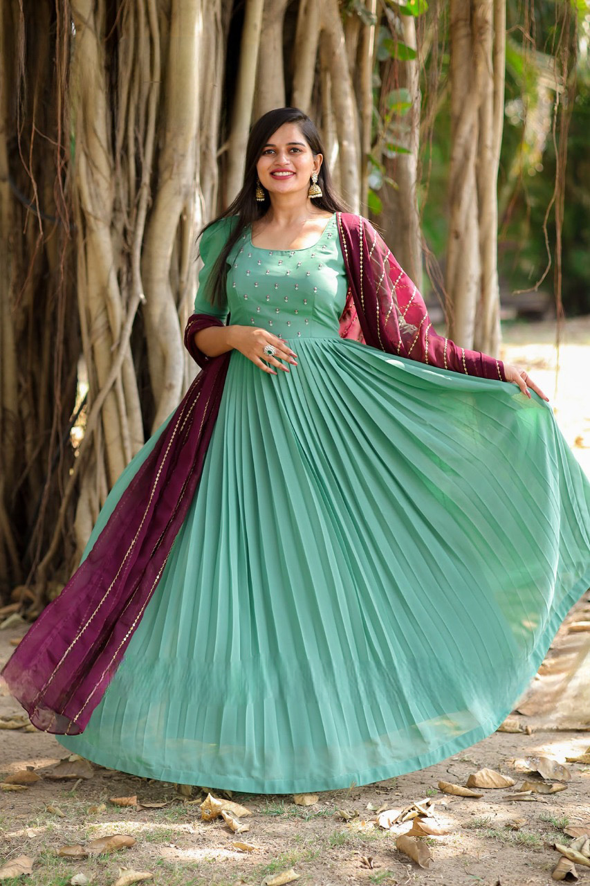 Fleur Georgette long Dress/gown with wine Dupatta