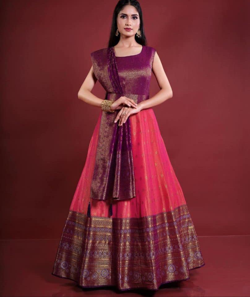 Fully stitched Heavy Banarsi work party & wedding wear gown with matching contrast Dupatta/Hip Belt