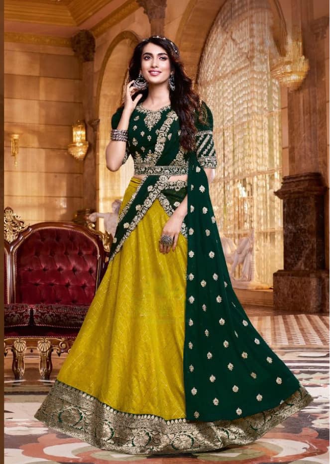 Fully Stitched Elegant Half Saree/Lehanga with zardosi and stone work/mirror with Attached Dupatta to the Lehanga waist and comes with work Hip Belt