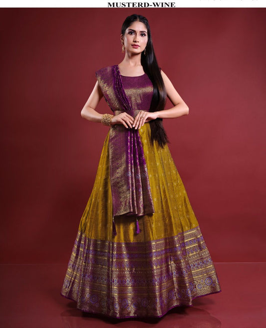Fully  stitched Heavy Banarsi work party & wedding wear gown with matching contrast Dupatta
