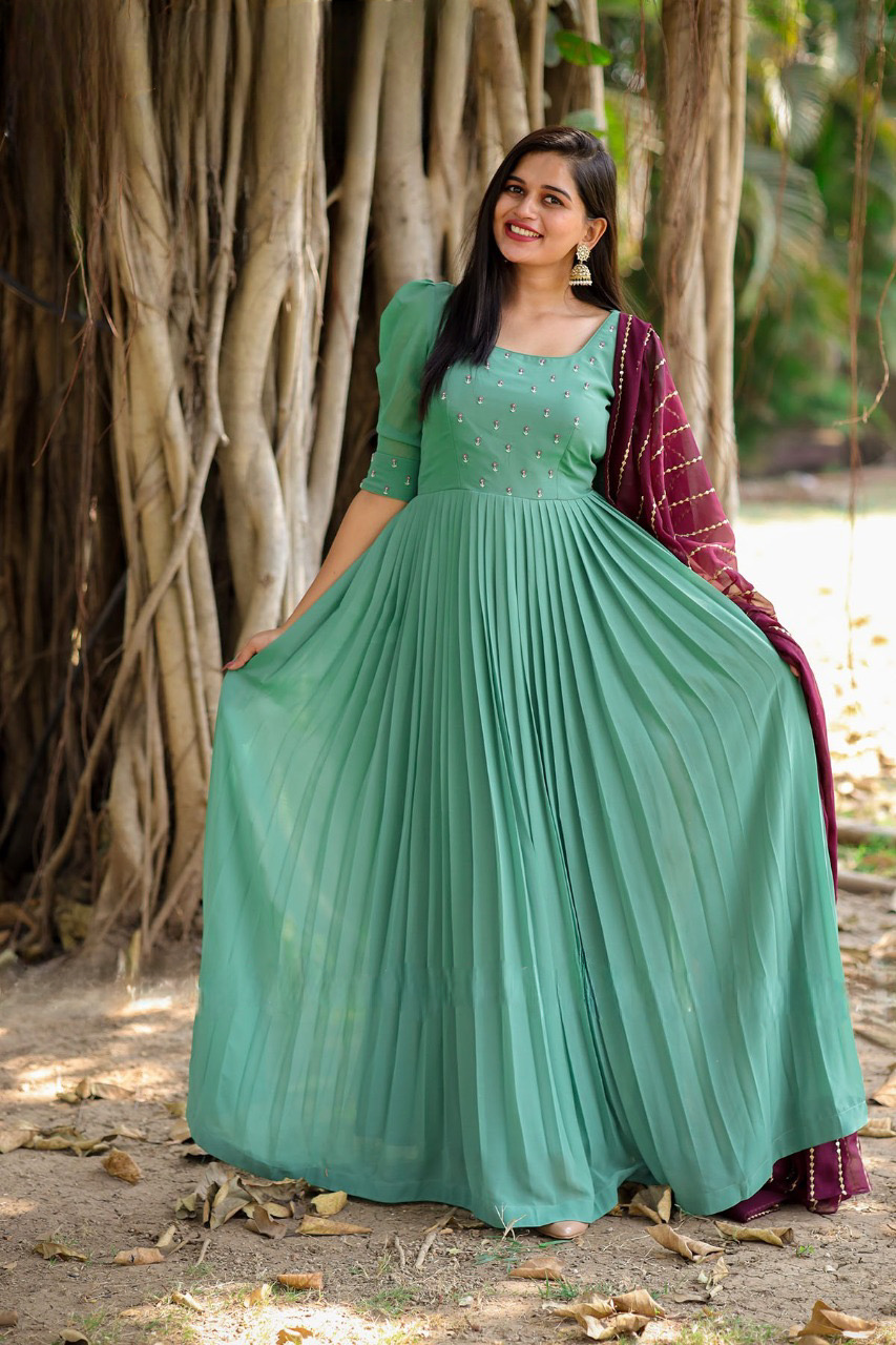 Fleur Georgette long Dress/gown with wine Dupatta