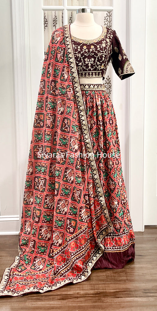 Full Stitched Elegant crushed Silk Chaniya Choli with Patola print and Full Size Dupatta