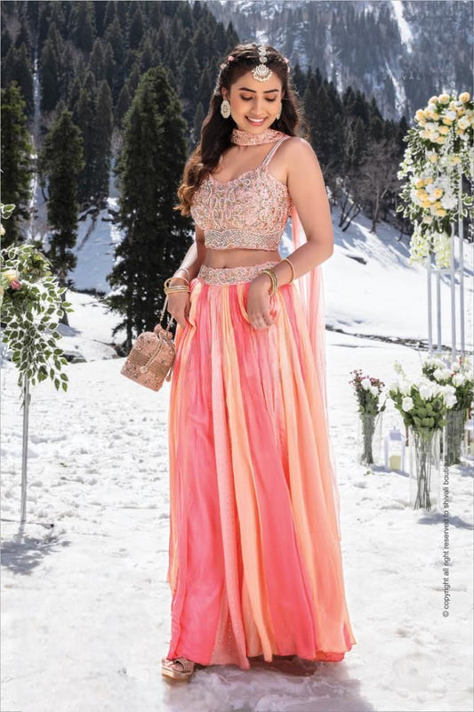 Bridesmaid /Haldi Lehanga Choli in pink and peach color with attractive Croptop