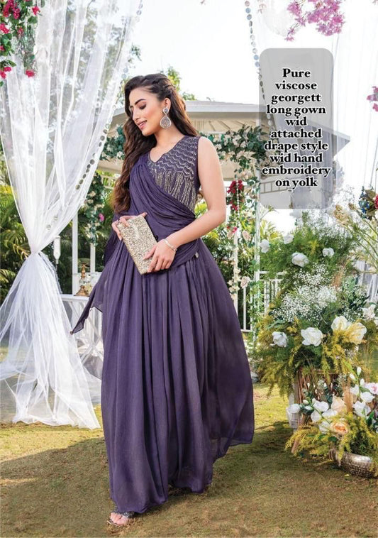 Pure Viscose Georgette Drape style long gown  with hand Embroidery work on yoke