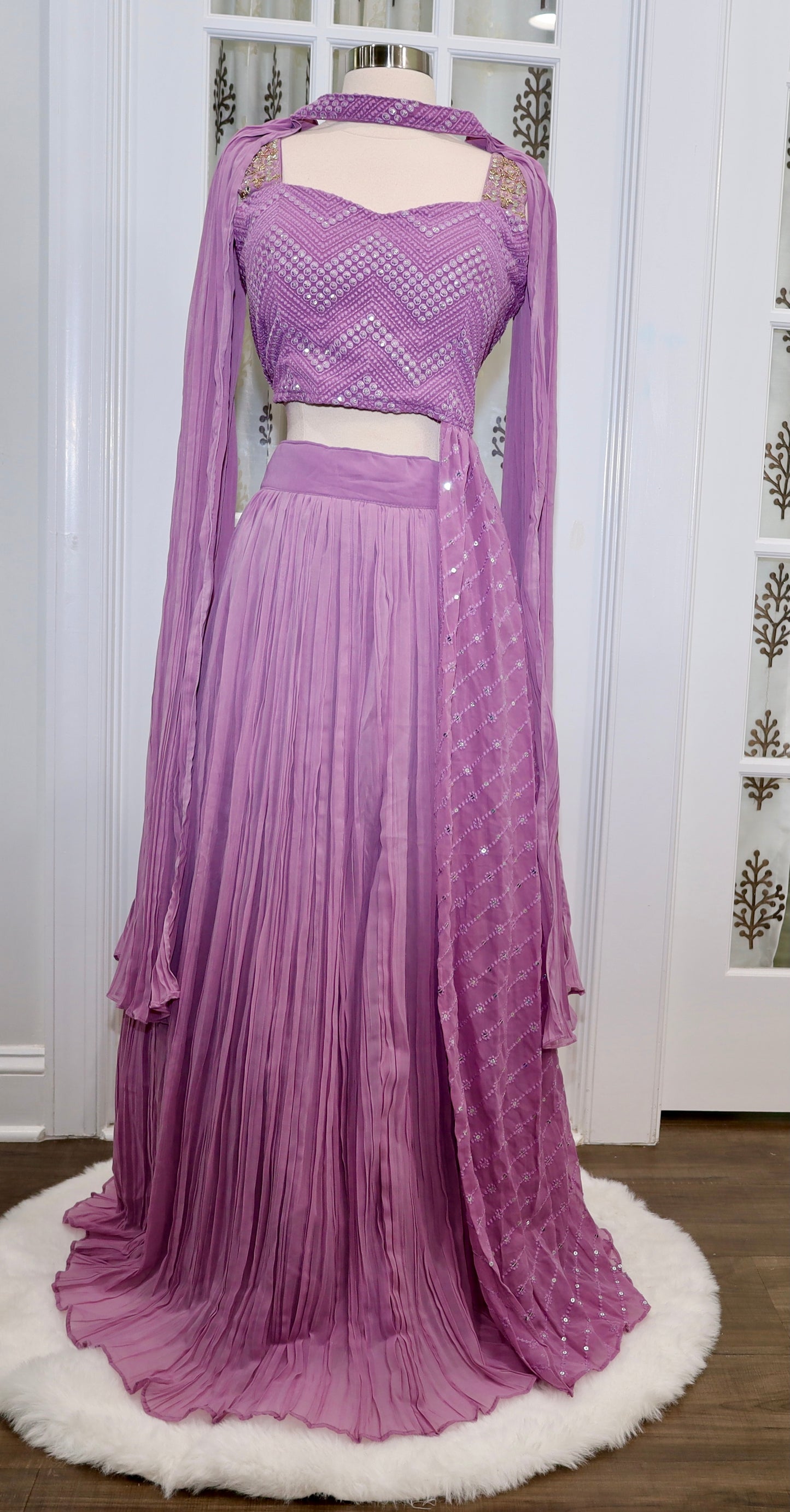 Beautiful Lavender Croptop/Lehanga set with attached trail on the side