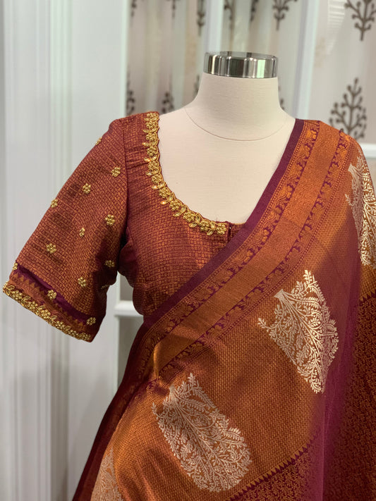 Silk Saree with Maggam work Blouse fully stitched