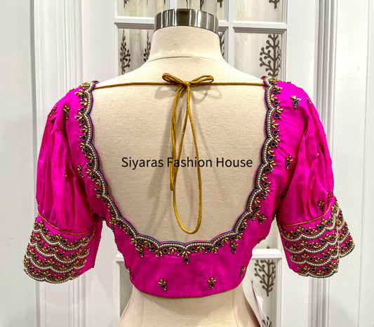 Handmade pink color Maggam/Aari work Stitched Blouse with puff hands for Wedding/Reception/Party Wear Active