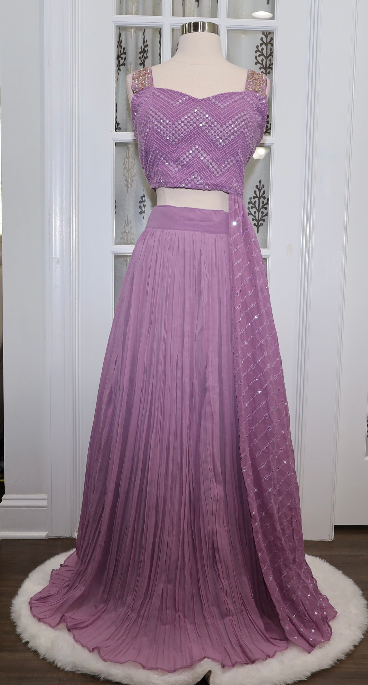 Beautiful Lavender Croptop/Lehanga set with attached trail on the side