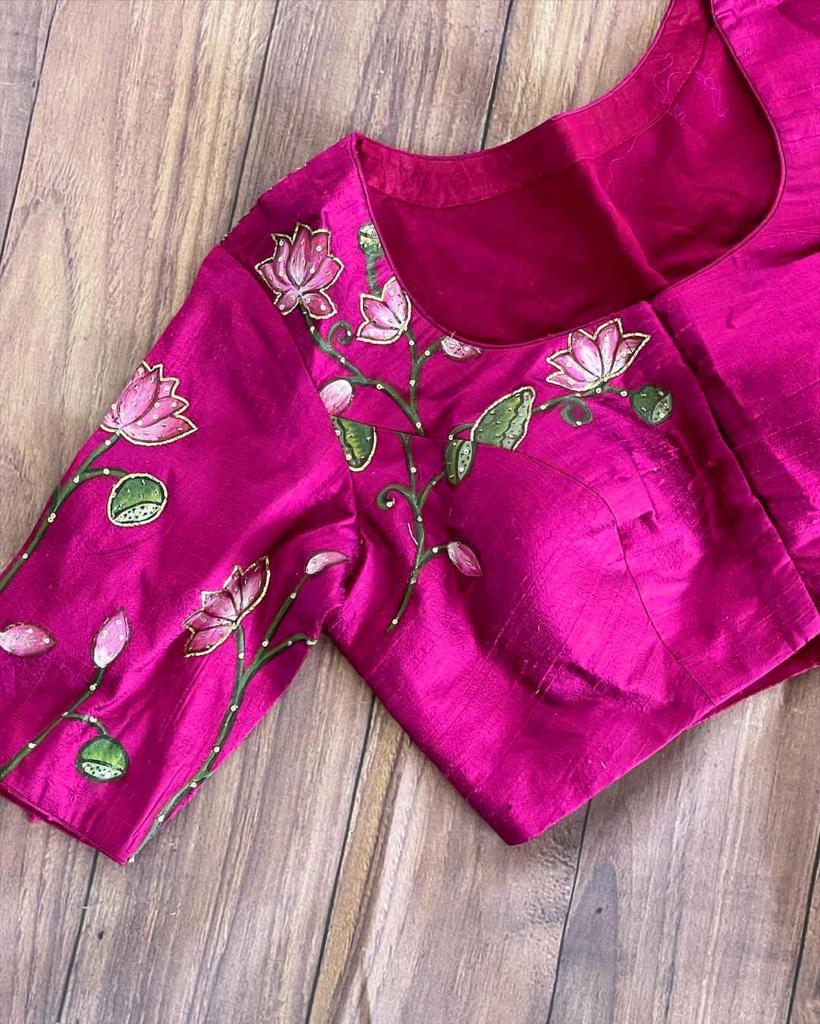 Kalamkari Silk Blouse With Hand Work Front and Back, Available In Five Color's Red , Onion Pink,Purple Pink, Olive green, Royal Blue