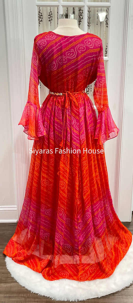 Bandhini Chiffon Anarkali Long Gown/Dress with Hip Belt