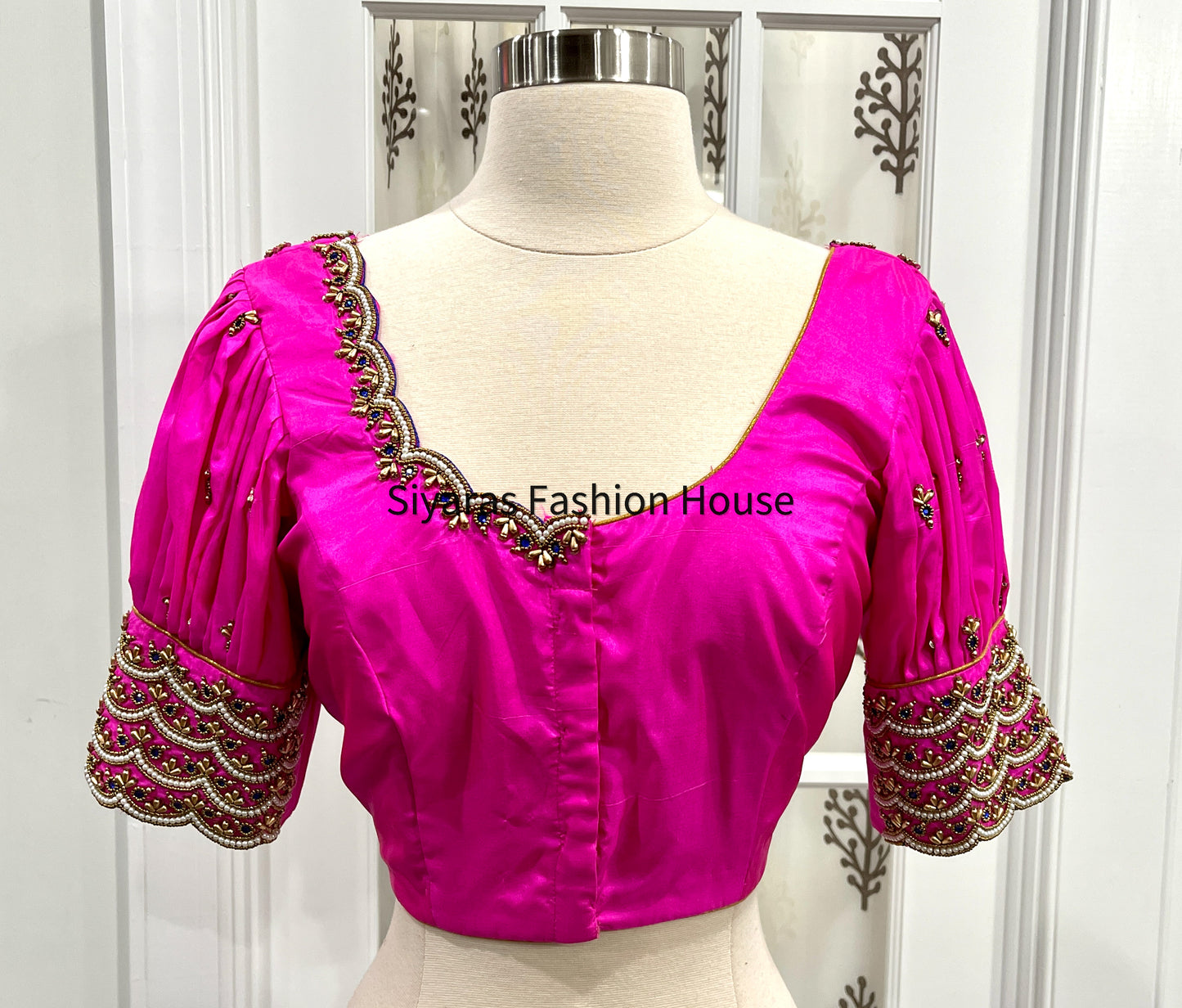 Handmade pink color Maggam/Aari work Stitched Blouse with puff hands for Wedding/Reception/Party Wear Active