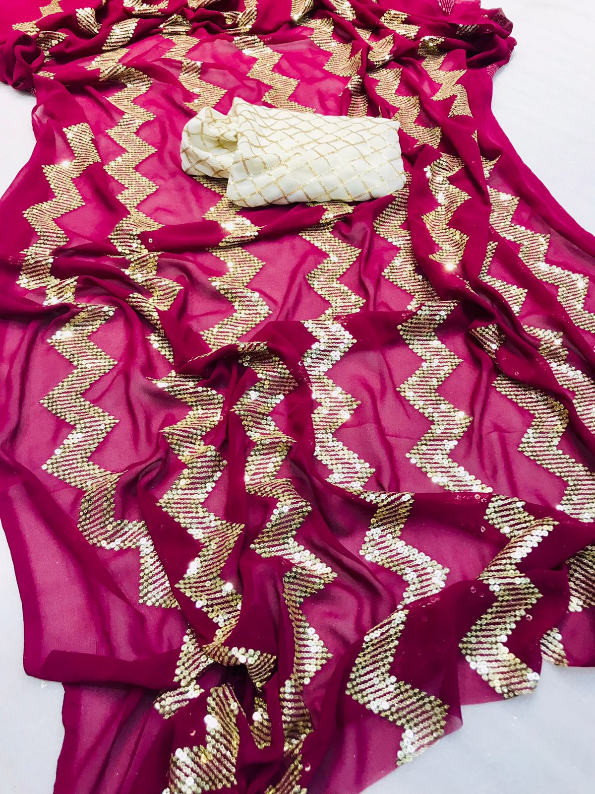 WINE SEQUIN SAREE WITH STITCHED BLOUSE in Ziz zag pattern