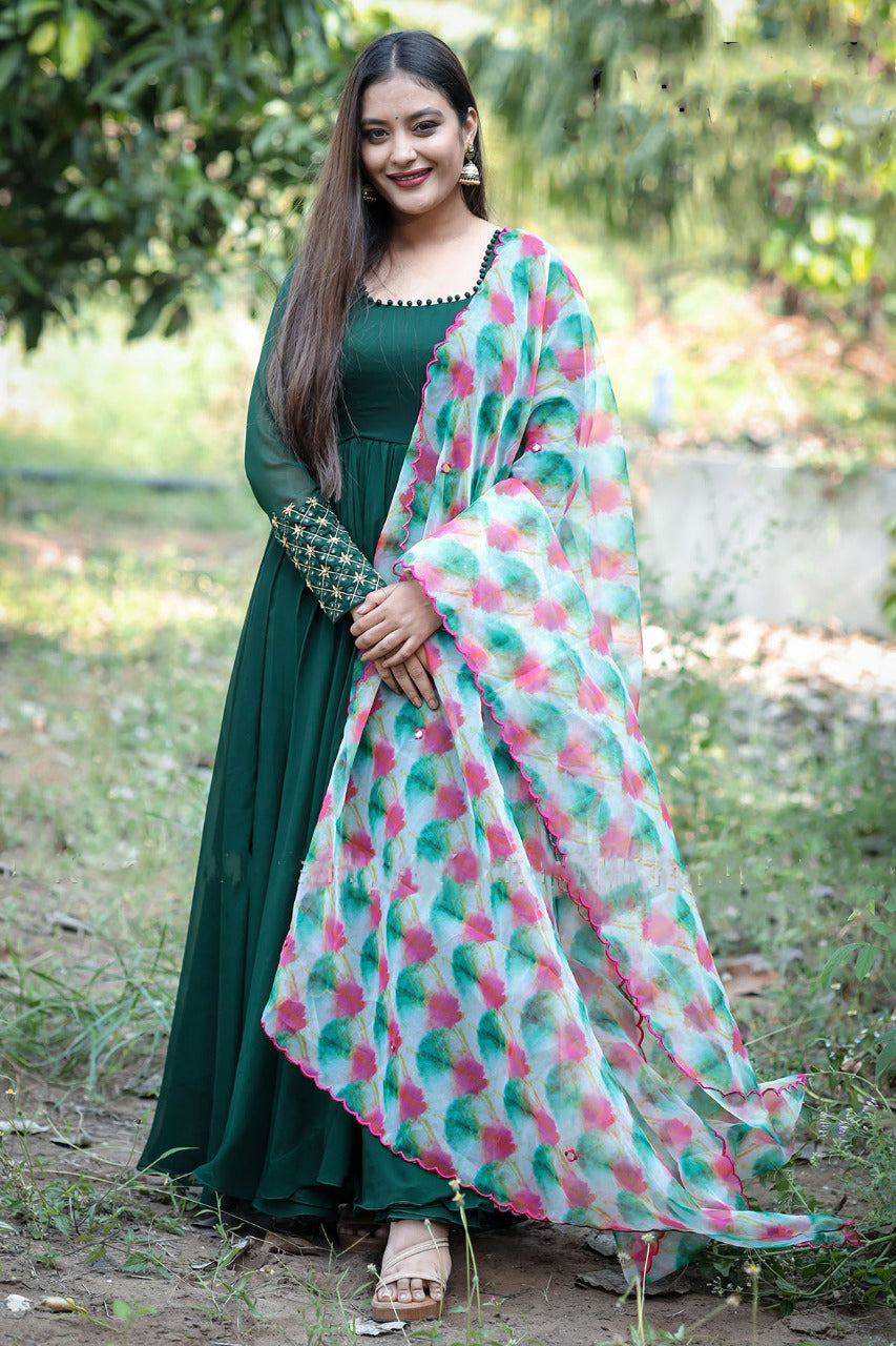 Simple Elegant Georgette gown with Jardozi sleeves and Mirror work Dupatta