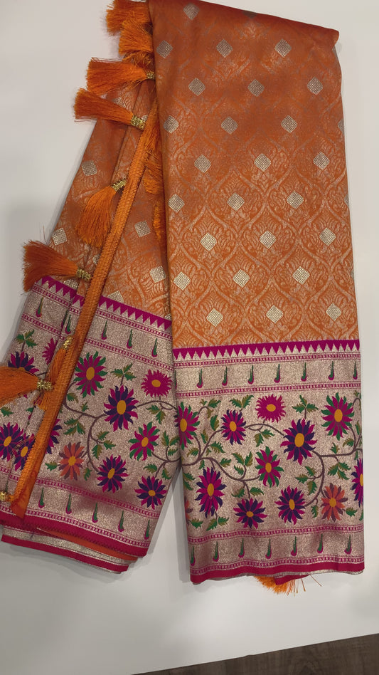 Beautiful Grand looking Orange Silk saree with Paithani Border with Stitched Blouse self weave design