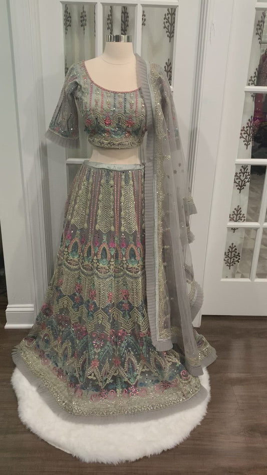 Wedding Heavy Lehanga set grey color with Mirror and heavy embroidery