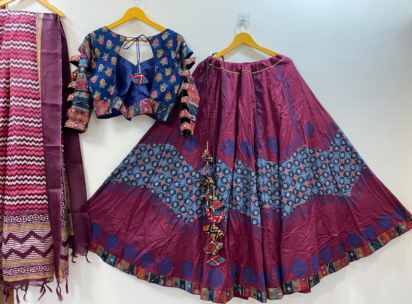 Cotton chani Choli with work and unique cut sleeves pattern