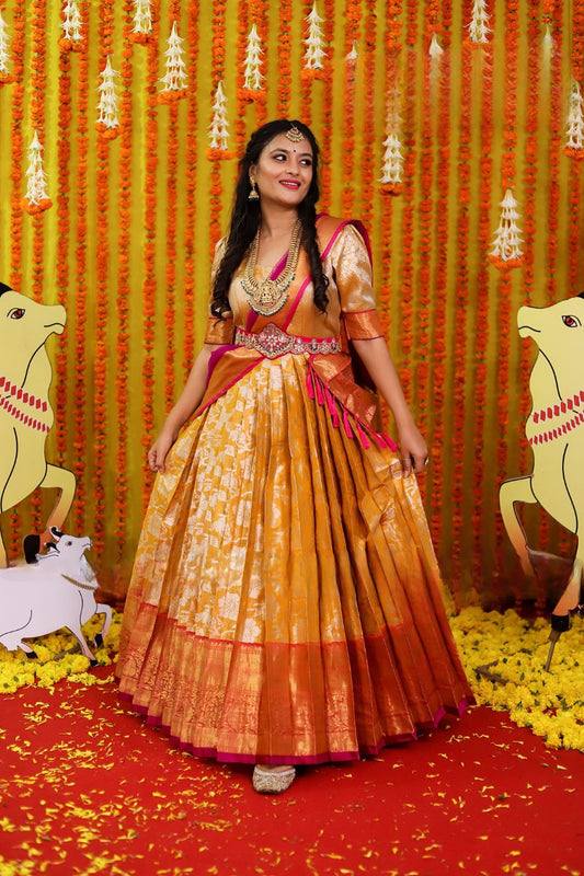On sale! Traditional Gold color Pattu long Gown with Maggam Work Belt for Weddings or Functions Party Wear.