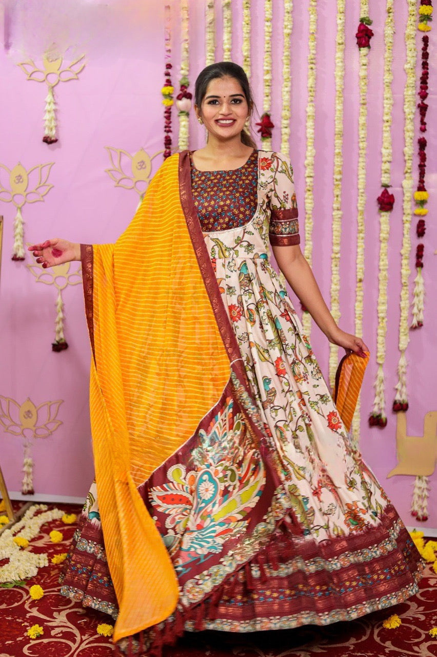 Kalamkari Silk Gown with Dupatta