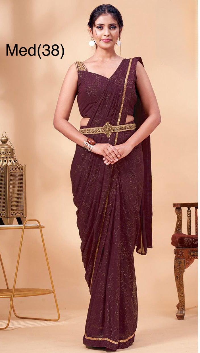Beautiful Georgette Ready to Wear saree  which has a waistband with closure and comes with stitched blouse
